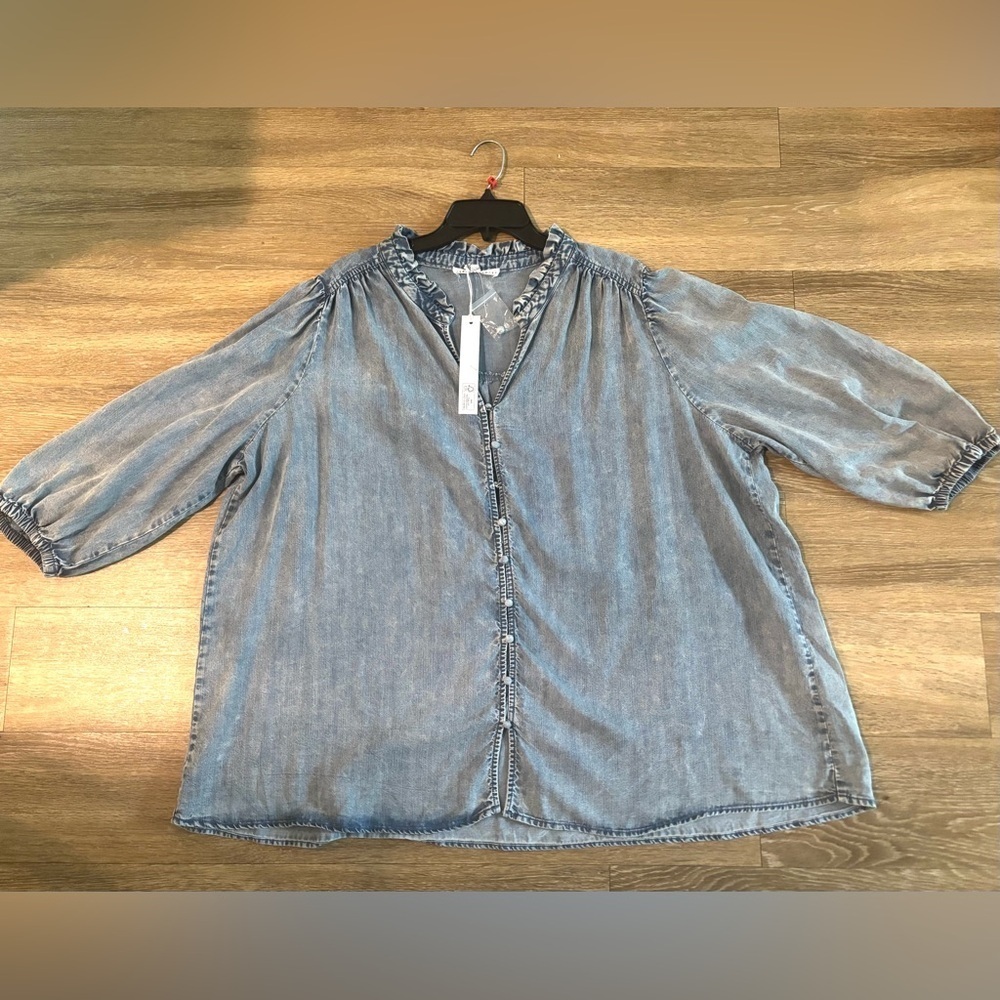 Boho Denim Shirt 3X Chambray Ruffle Button Up Peasant Cottagecore Romantic - Picture 5 of 7